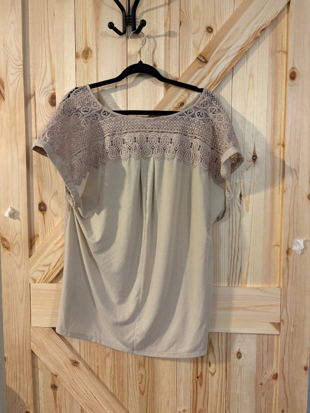 Indigo Rose Lace Yoke Blouse Taupe Short Sleeve Boho Top Size XL